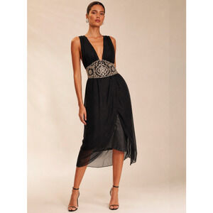 Mandalay Black Silk Beaded Empire Waist Midi Dress Size 10